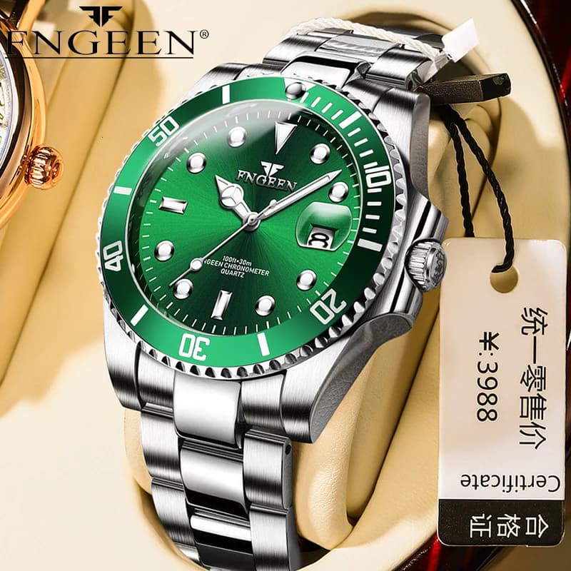 ساعة FNGEEN رجالية رقيقة جدًا، كوارتز، رياضية، تاريخ، أعمال، فاخرة، فولاذ مقاوم للصدأ، مقاومة للماء، ساعة يد عادية
