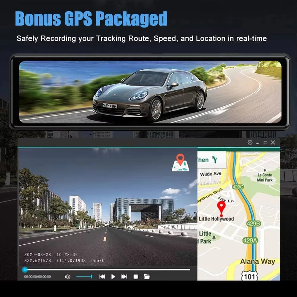 مرآة داش كام بدقة 4K UHD 2160 بكسل، عدسة مزدوجة، GPS، واي فاي، شاشة IPS، ومسجل تيار لمرآة الرؤية الخلفية - 4