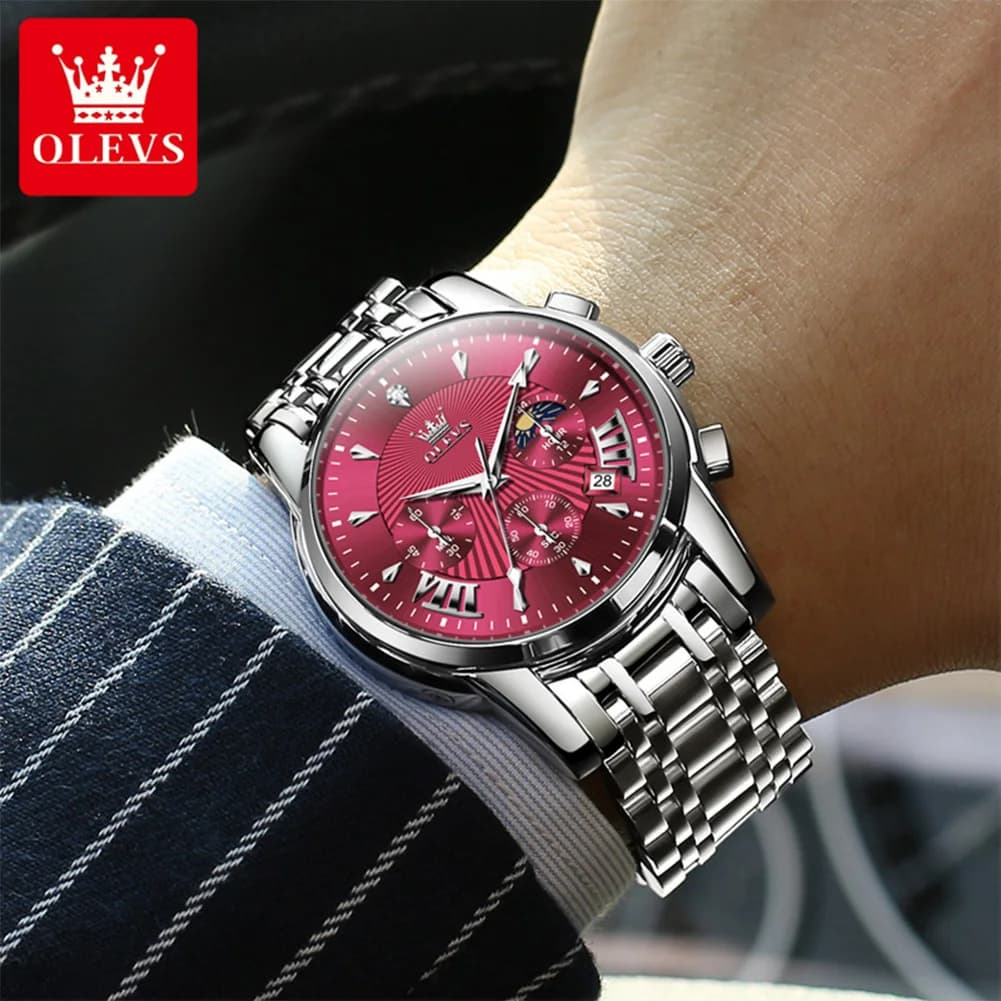 OLEVS Brand Fashion Red Watch For Men Luxury Sport Waterproof Stainless Steel Chronograph Quartz Watches Mens Relogio Masculino - 6
