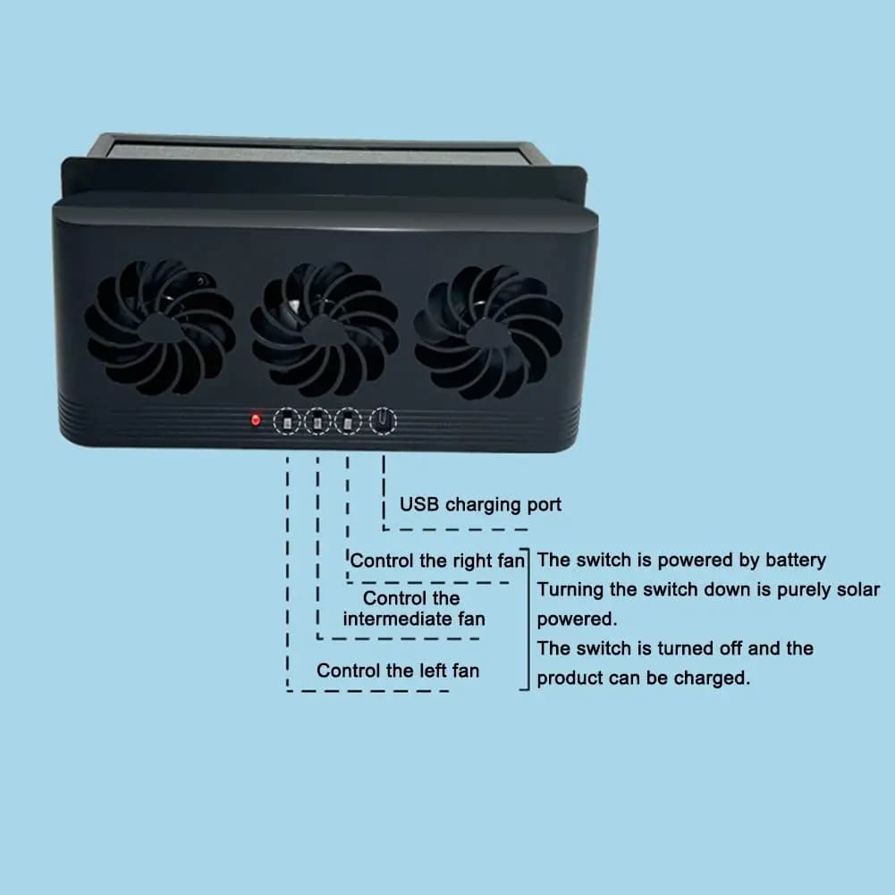 مروحة تعمل بالطاقة الشمسية مبرد سيارة أمامي/خلفي مع شحن USB مروحة عادم نافذة مبرد هواء تلقائي مروحة تهوية مبرد - 6