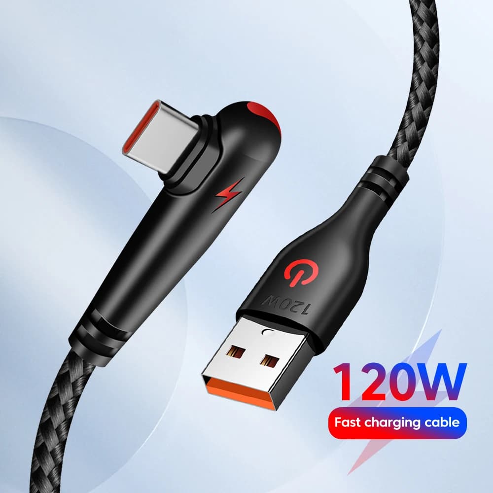 120 واط USB A إلى Type-C كابل 90 درجة الكوع الهاتف المحمول شحن سريع لهواوي ماتي 40 30 شاومي سامسونج سلك شحن الهاتف