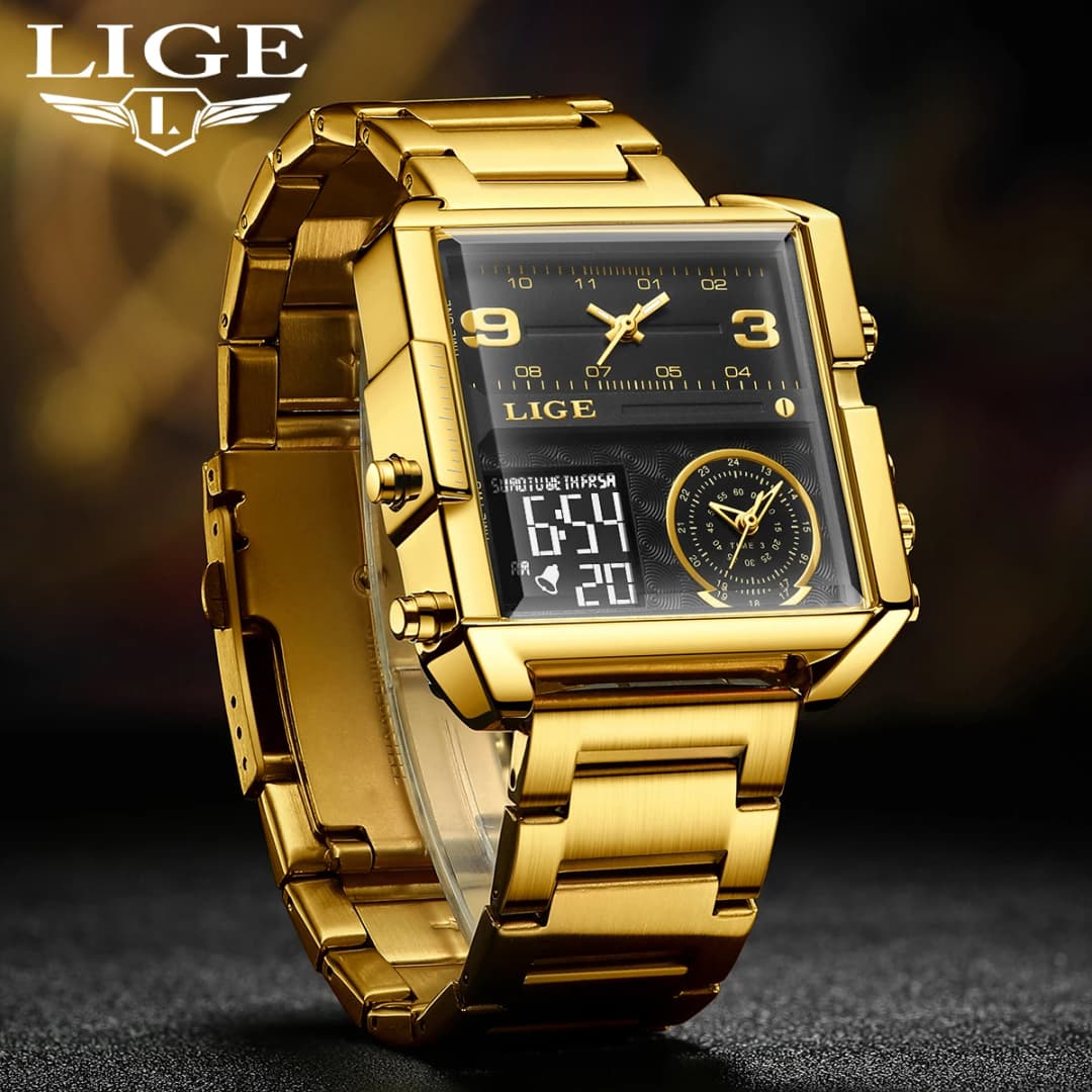 LIGE New Top Brand Luxury Fashion Men Watches Gold Steel Sports Square Digital Analog Big Quartz Watch for Man relogio masculino - 6