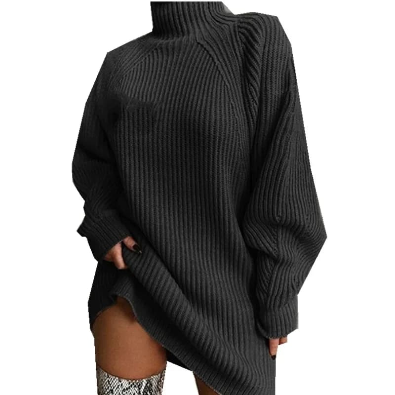 Women's Solid Color Loose Knitted Dress 2023 Autumn Winter New Dress Sweater Women Long Sleeve Turtleneck Pullover Dress Sweater - 4