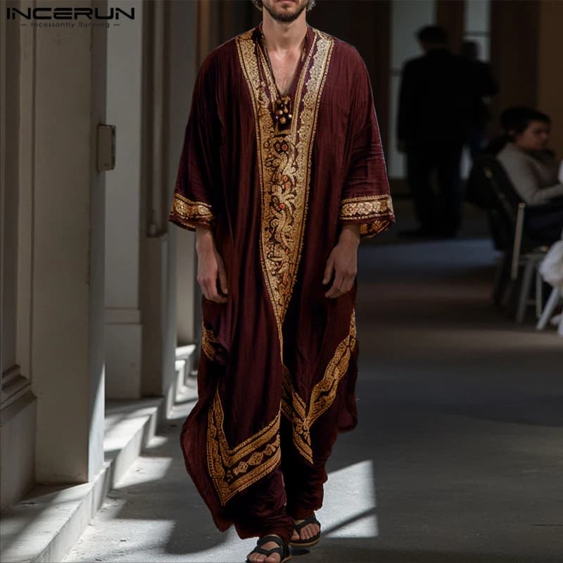 INCERUN Men Jubba Thobe Printing Patchwork V Neck Long Sleeve Male Robes Muslim Kaftan Loose 2025 Arab Casual Men Caftan Abaya - 4