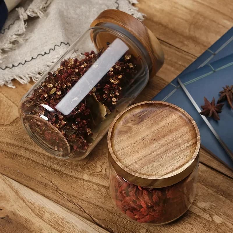 1pcs Wood Lid Orgnizer Glass Airtight Canister Kitchen Storage Bottles Jar Sealed Food Container Ginger Cereal Dispenser Set - 2