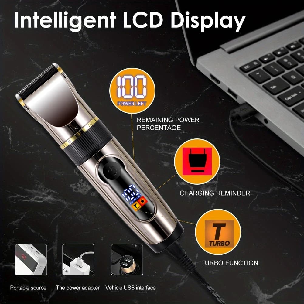 ماكينة قص شعر احترافية بشفرة سيراميك للرجال مع شاشة LED و شحن USB - 2