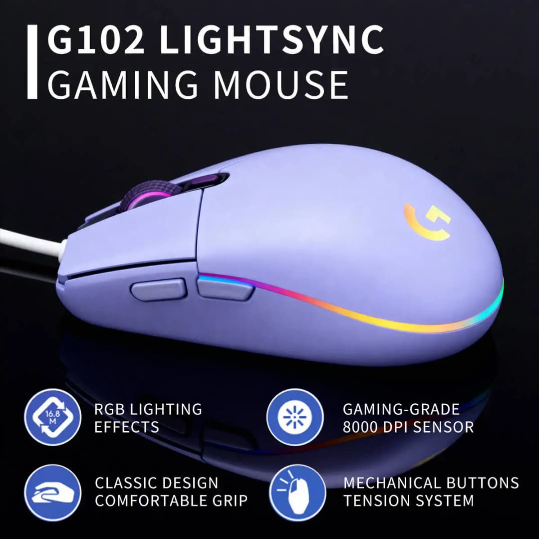 ماوس الألعاب الرسمي Logitech G203 G102، اتصال سلكي USB، إضاءة RGB رائعة، 8000 نقطة في البوصة، مثالي للمبتدئين والمحترفين - 6