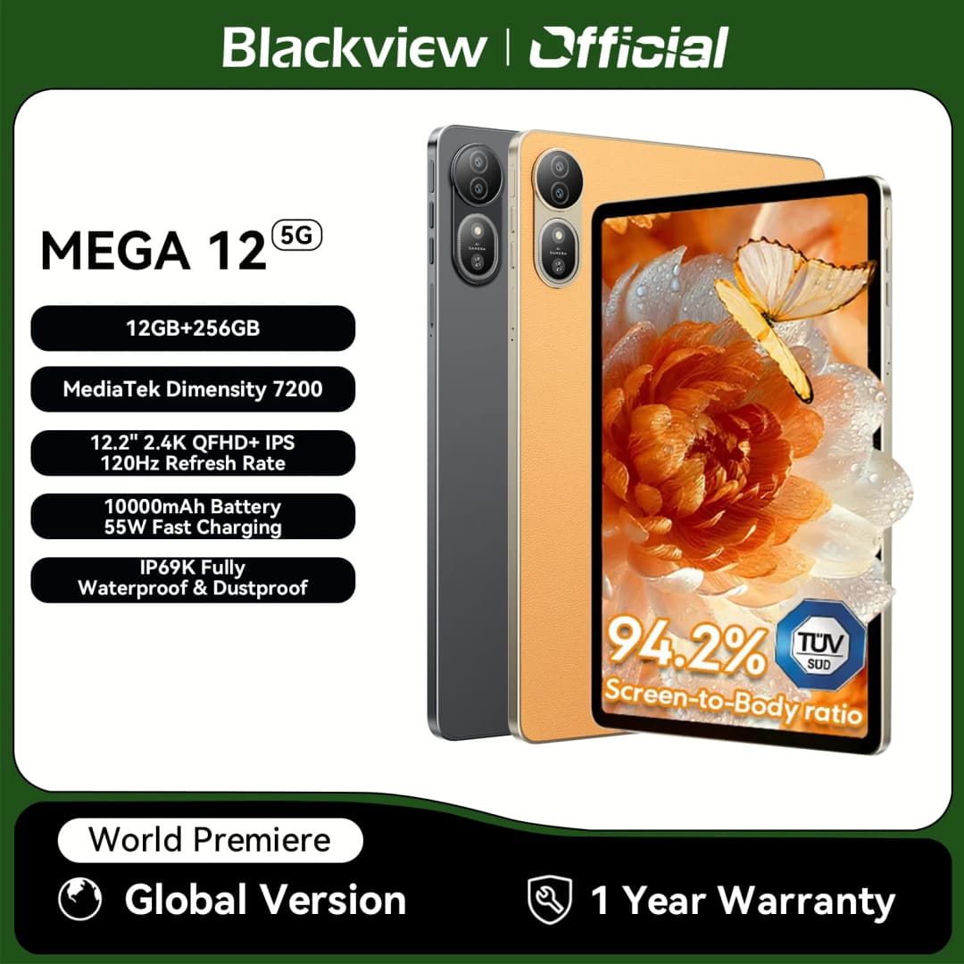 جهاز لوحي Blackview MEGA 12 الذكي بشاشة 12.2 بوصة بدقة 2.4K ومعدل تحديث 120Hz، ومعالج Dimensity 7200، ودعم Dual 5G، ومقاوم للماء بمعيار IP69K، مع لوحة مفاتيح بدون شاحن