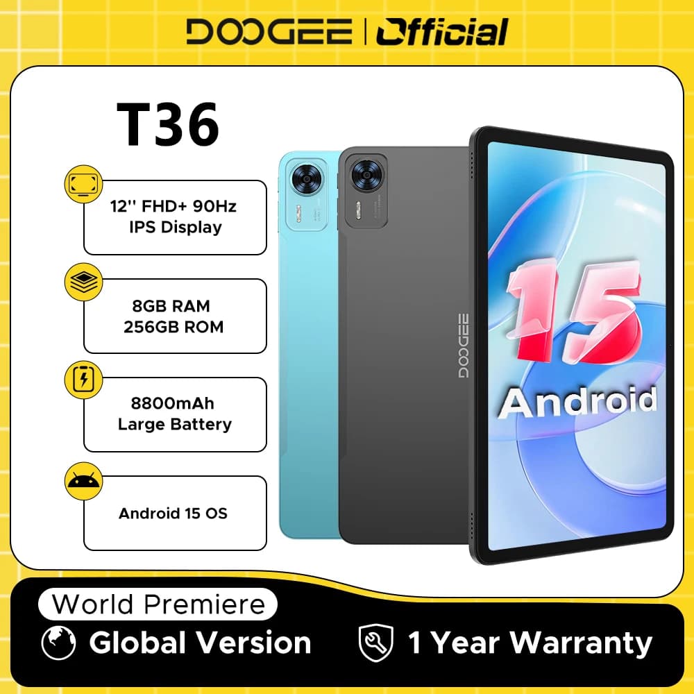 Global Version DOOGEE T36 Tablet 32GB(8+24) 256GB 12'' FHD+ 90Hz Display 8800mAh Battery 13MP Camera Widevine L1 Android 15