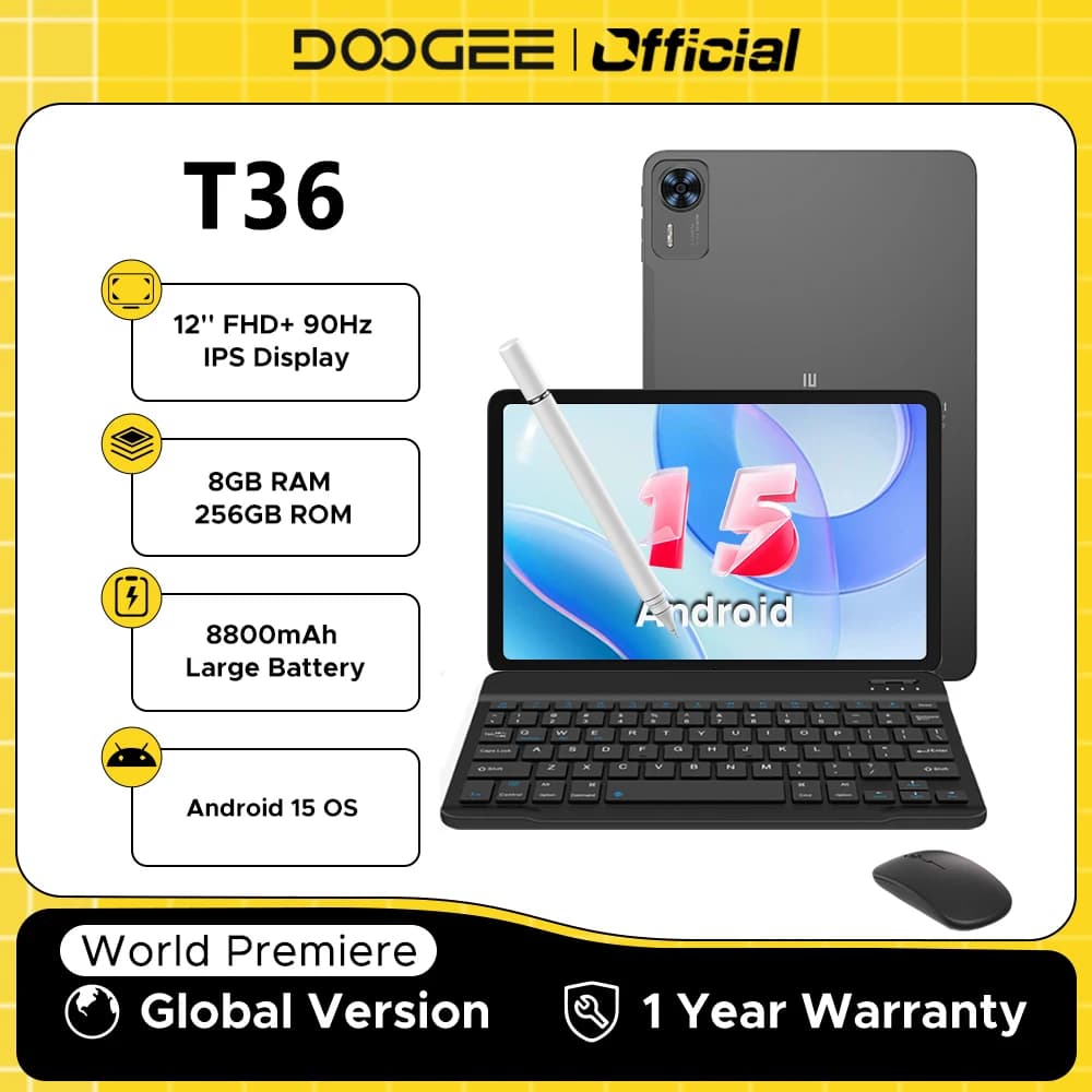 نسخة عالمية من جهاز DOOGEE T36 بنظام أندرويد 15، 8+256 جيجا بايت، شاشة 12 بوصة FHD+ بمعدل تحديث 90 هرتز، معالج Unisoc T620 ثماني النواة، بطارية 8800 مللي أمبير، Widevine L1