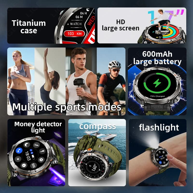 ساعة LIGE الذكية بوصلة مكالمات بلوتوث 600mAh كشاف LED معدل ضربات القلب IP68 ساعات ذكية رياضية 2026 ساعة ذكية جديدة للرجال في الهواء الطلق - 6