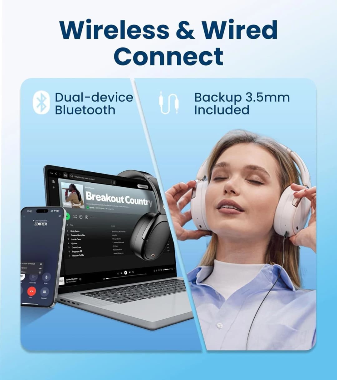 سماعات الرأس اللاسلكية Edifier WH950NB مع إلغاء الضوضاء النشط، بلوتوث 5.4، صوت عالي الدقة، تشغيل حتى 80 ساعة، 4 ميكروفونات - 6