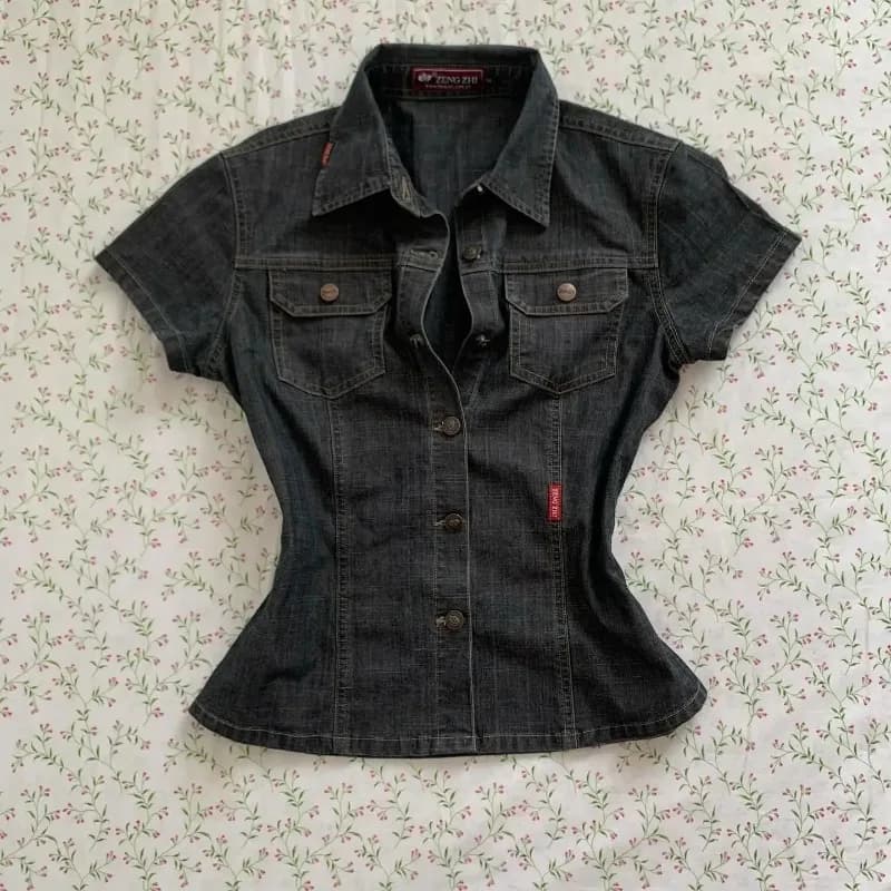 قميص نسائي دنيم بأكمام قصيرة، موضة هاراجوكو الأمريكية الرجعية، ماركة شهيرة، كاجوال، ضيق، موضة الشارع 2025 - 3