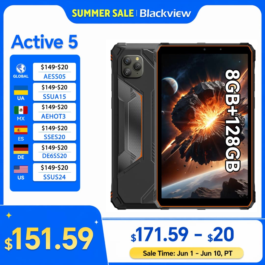 كمبيوتر لوحي متين Blackview Active 5 بشاشة 8.68 بوصة HD+ بمعدل تحديث 90 هرتز ونظام Android 15 وذاكرة 8 جيجابايت + 128 جيجابايت وبطارية 6600 مللي أمبير في الساعة ومقاوم للماء/ثنائي الشريحة/IP68/NFC/GPS