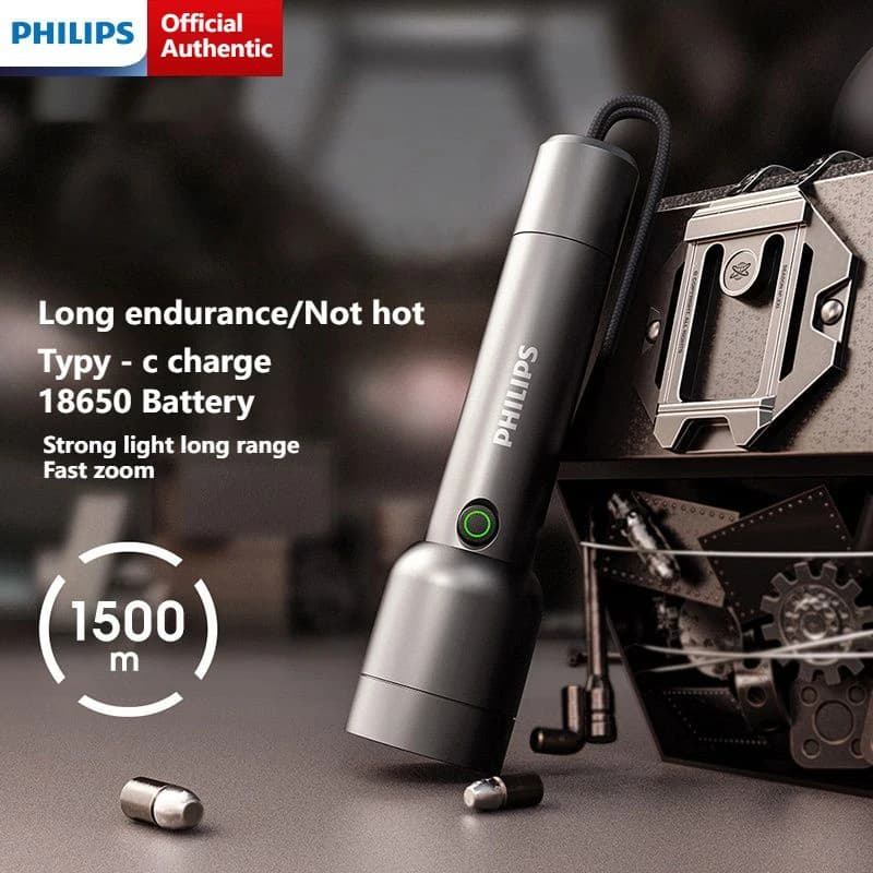 PHILIPS كشاف ساطع - مدى 1500 متر، تكبير سريع، شحن Type-C، بطارية 18650، وميض قوي وحاد، متين وعالي الجودة