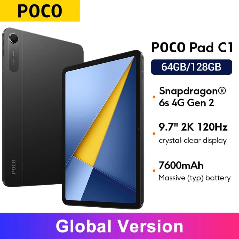 إصدار عالمي Poco Pad C1، شاشة 9.7 بوصة 2K 120Hz فائقة الوضوح، كاميرا خلفية 8MP، معالج Snapdragon® 6s 4G Gen 2، بطارية 7600mAh