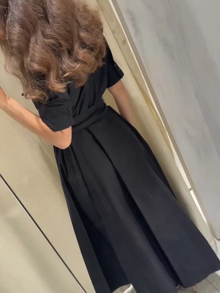 فستان ميدي بأكمام قصيرة، طية صدر السترة، تصميم أنيق، خصر ضيق، فستان طويل للحفلات والمساء - 4