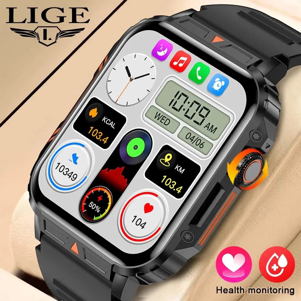 ساعة ذكية LIGE بشاشة 1.95 بوصة ومراقبة الصحة مقاومة للماء IP68 للرجال والنساء