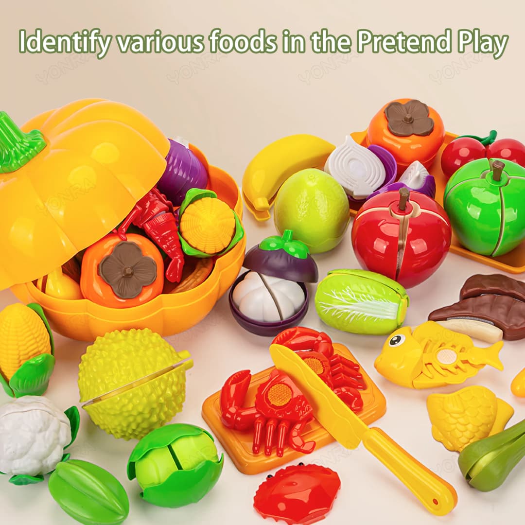 Cutting Play Food Toy for Kids Kitchen Pretend Fruit &Vegetables Accessories with Shopping Storage Basket Toy for Toddler Gift - 4