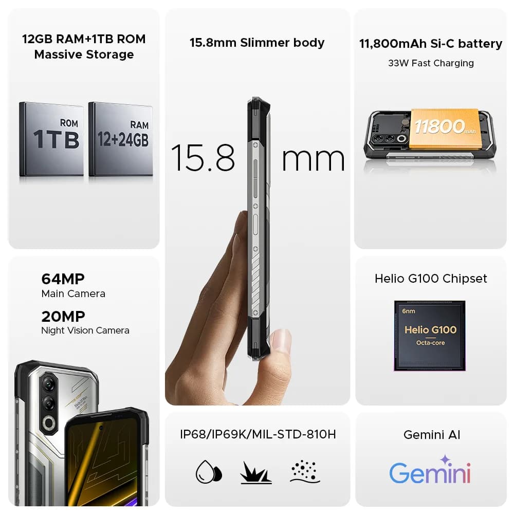 هاتف DOOGEE Blade20 Max المتين - ذاكرة 36 جيجابايت + 1 تيرابايت، شاشة 6.6 بوصة بمعدل تحديث 120 هرتز، بطارية 11800 مللي أمبير - 2