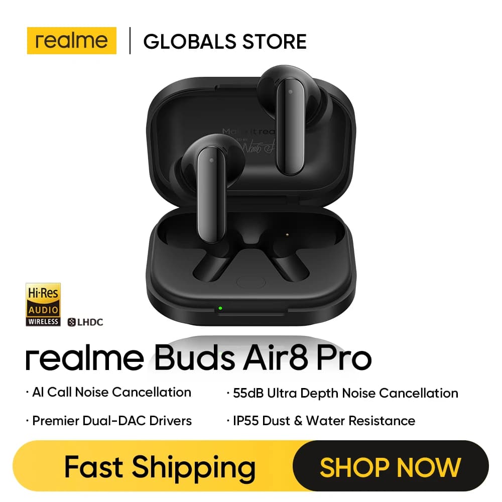 سماعات TWS realme Air8 Pro لاسلكية حقيقية، إلغاء ضوضاء المكالمات الذكية AI، إلغاء ضوضاء 55dB، مشغل Dual-DAC