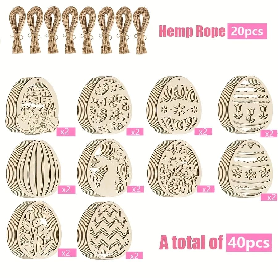 40 قطعة من زينة عيد الفصح الخشبية على شكل أرنب وبيض، غير مكتملة وقابلة للطلاء، زخارف معلقة احتفالية، لوازم الحرف اليدوية - 6