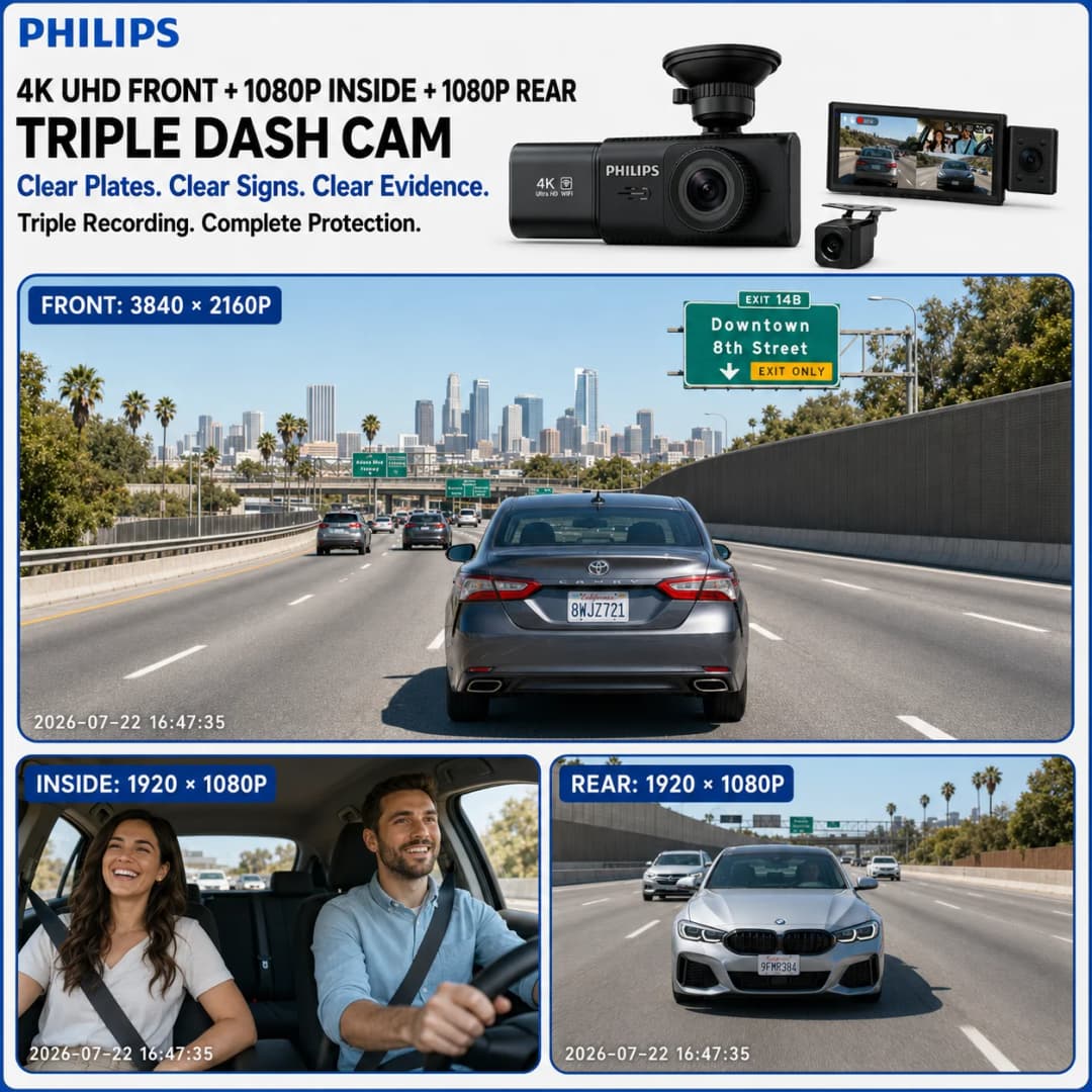 كاميرا سيارة PHILIPS Dash Cam B03 بدقة 4K+1K+1K HDR 3 قنوات أمامية وخلفية وداخلية بشاشة 3.16 بوصة IPS واي فاي 2.4G و5.8G تطبيق GPS دعم الوقوف 24 ساعة - 2