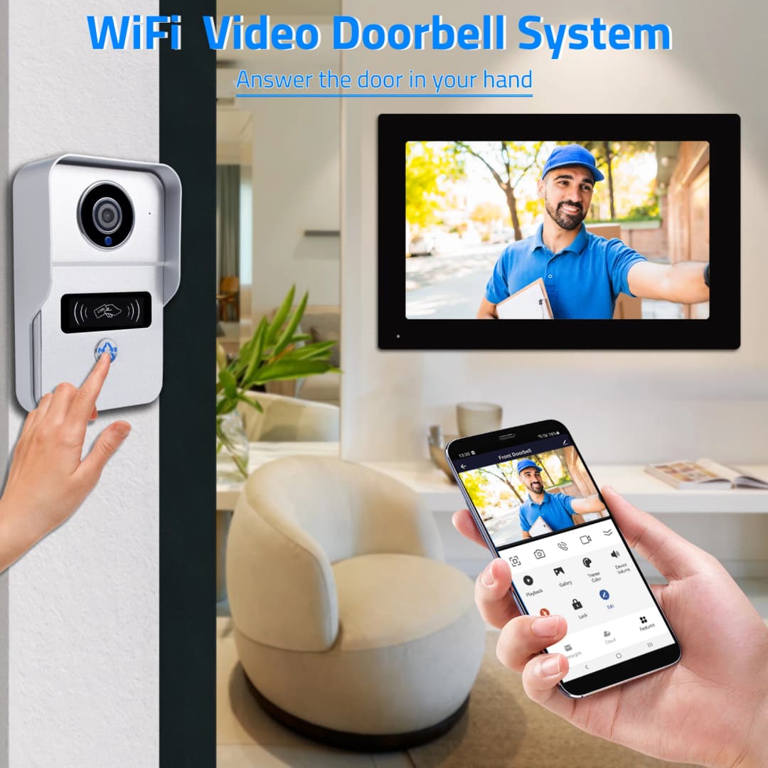 نظام جرس باب فيديو لاسلكي WiFi، كاميرا باب بدقة 1080P، شاشة لمس 7 بوصة، إنتركوم فيديو ببطاقة 32GB للمنزل 4 أسلاك - 2