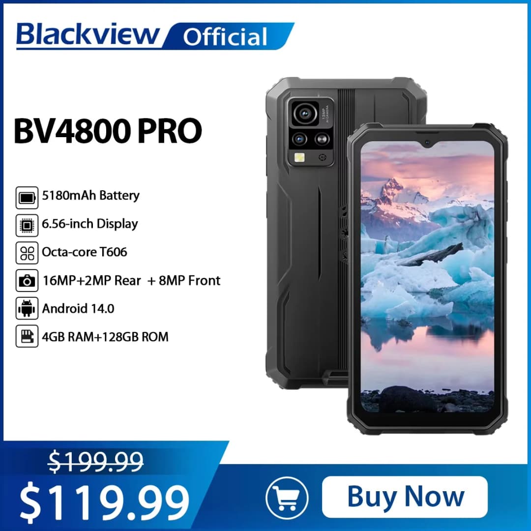 هاتف ذكي متين Blackview BV4800 PRO، شاشة 6.56 بوصة IPS، ذاكرة رام 4 جيجابايت، ذاكرة داخلية 128 جيجابايت، كاميرا 13 ميجابكسل، بطارية 5180 مللي أمبير، نظام أندرويد 14، يدعم NFC
