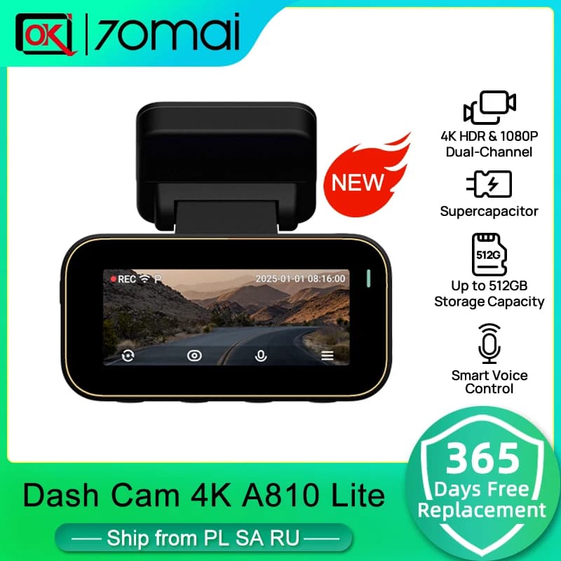70mai A810Lite 4K Dash Cam HDR Supercapacitor 4G LTE Remote Control WiFi APP  Voice Control G-sensor Loop Recording Car Dvr
