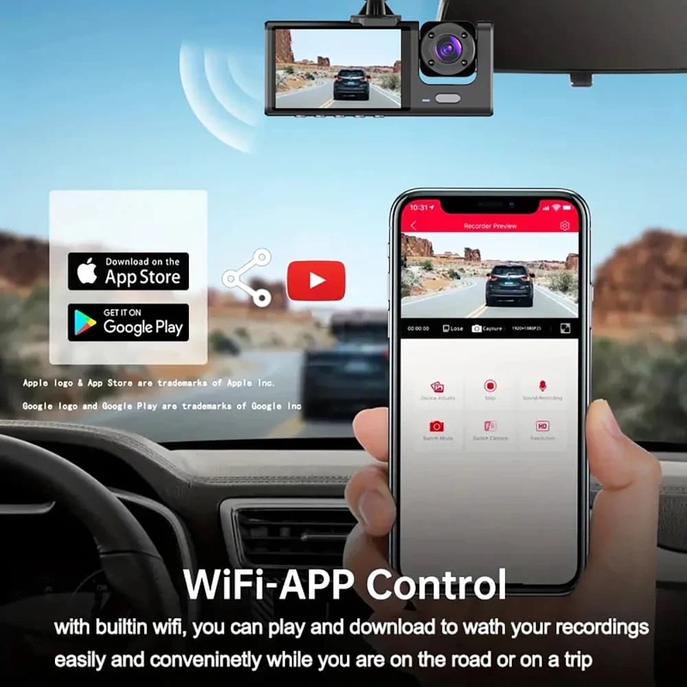 كاميرا داش ثلاثية مع واي فاي بدقة 1080P، تسجيل داخلي للسيارة بثلاث قنوات، مسجل فيديو داشكام - 3