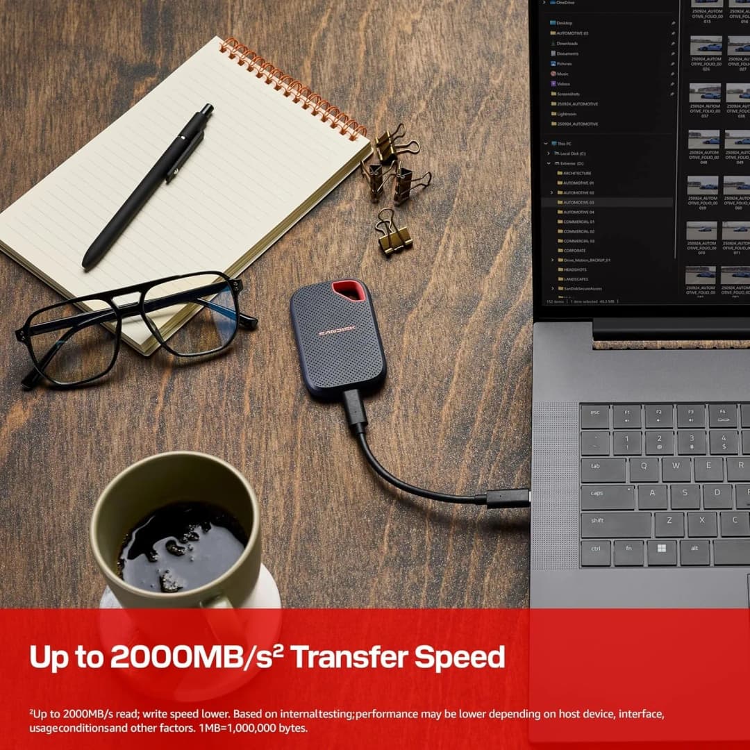 سان ديسك E70 إكستريم SSD محمول سعة 1 تيرابايت و2 تيرابايت، بسرعة نقل تصل إلى 2000 ميجابايت/ثانية، USB-C، أحدث طراز، خارجي عالي المتانة وموثوق - 3