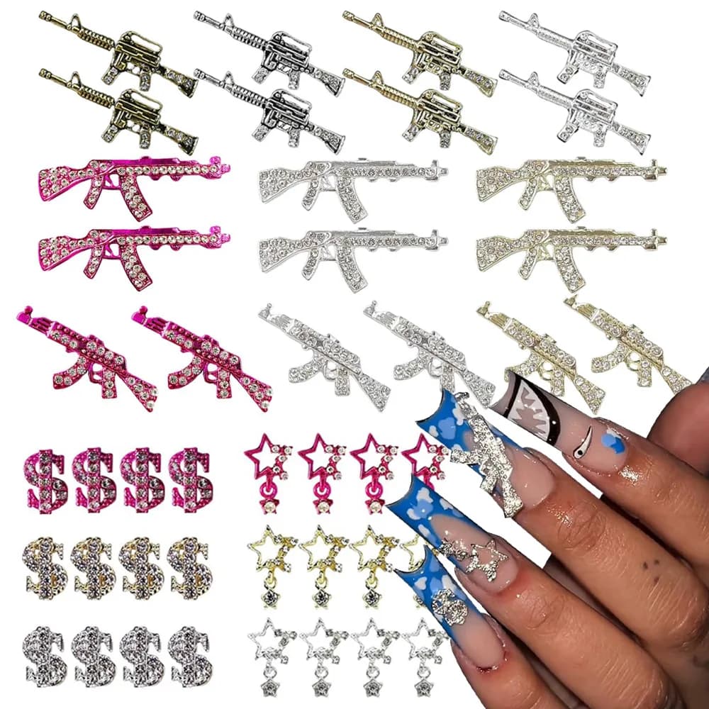 44PCS Gun Nail Charms Nail Art Rhinestone Alloy Gun Dollar Sign Star Nail Luxury Decor for Acrylic DIY Jewelry Nails Accessories - 2