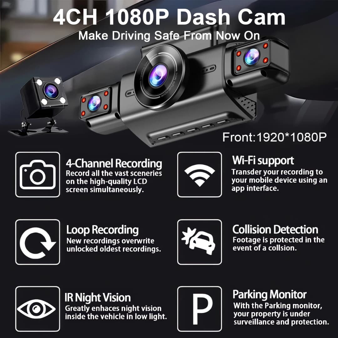 FHD 1080P 4 Channel Full HD Car DVR Wifi Dash Cam 4 Cameras Dashcam Video Recorder Night Vision Black Box Cabin 24H Parking - 2