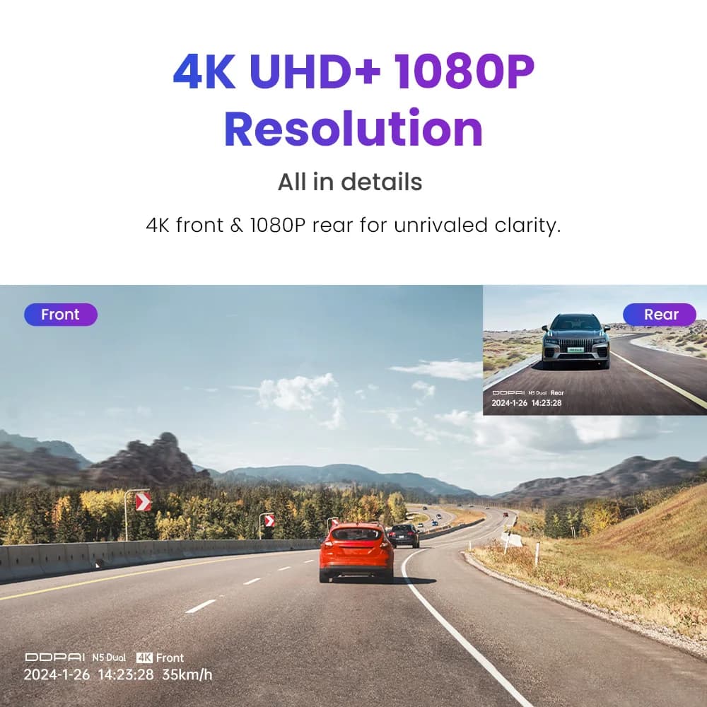 كاميرا سيارة DDPAI N5 مزدوجة بدقة 4K HDR مع رؤية ليلية بالذكاء الاصطناعي، واي فاي 6، GPS، ADAS، تحكم صوتي، وضع ركن 24 ساعة، ذاكرة 32 جيجا eMMC - 2