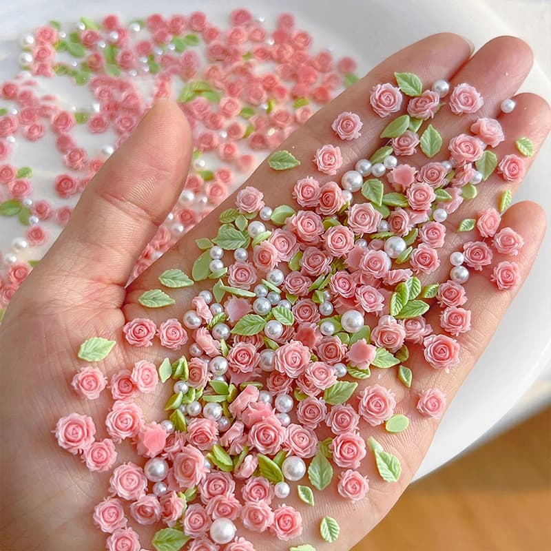 50Pcs 3D Size 6/7/8mm Pearl Resin Flower Rose Nail Charms Accessories Pink Rose Red Nail Art Luxury Decoratons Supplies DIY - 2