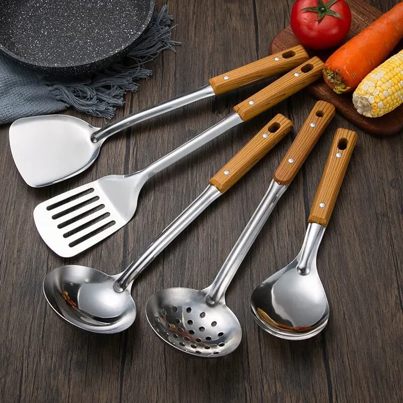 1pc Stainless Steel Imitation Wood Grain Handle Spatula Leaky Shovel Spoon 5 Tools for Kitchen Light for Cooking Kitchen Tools - 5