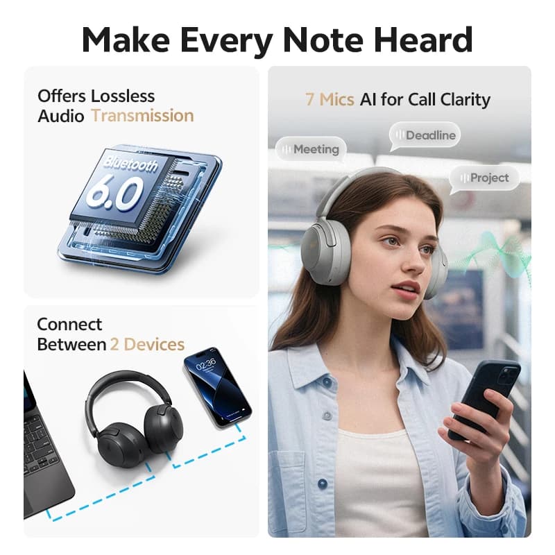 QCY ANC Wireless Headphone H3S 56dB Noise Canceling Hi-Res 3D Spatial Audio Earphone with LDAC Bluetooth 6.0 Over Ear Headset - 2