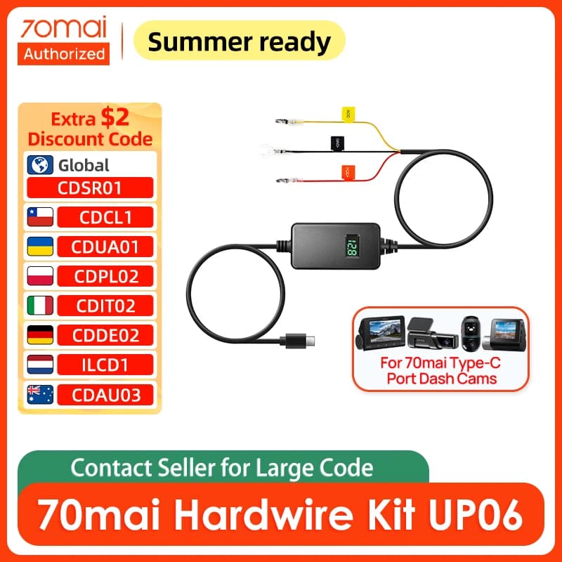 70mai Hardwire Kit UP06 Parking Surveillance Cable for 70mai Type-C Port Dash Cams Support Real-time Voltage Display