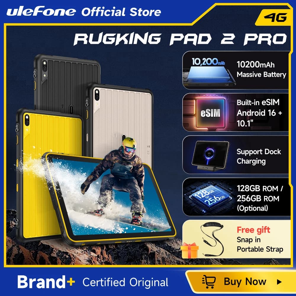 جهاز Ulefone RugKing Pad 2 Pro اللوحي المتين ببطارية 10200 مللي أمبير وشاشة 10.1 بوصة وذاكرة تصل إلى 16 جيجابايت وسعة تخزين 256 جيجابايت بنظام أندرويد 16 وكاميرا 48 ميجابكسل و4G، نسخة عالمية