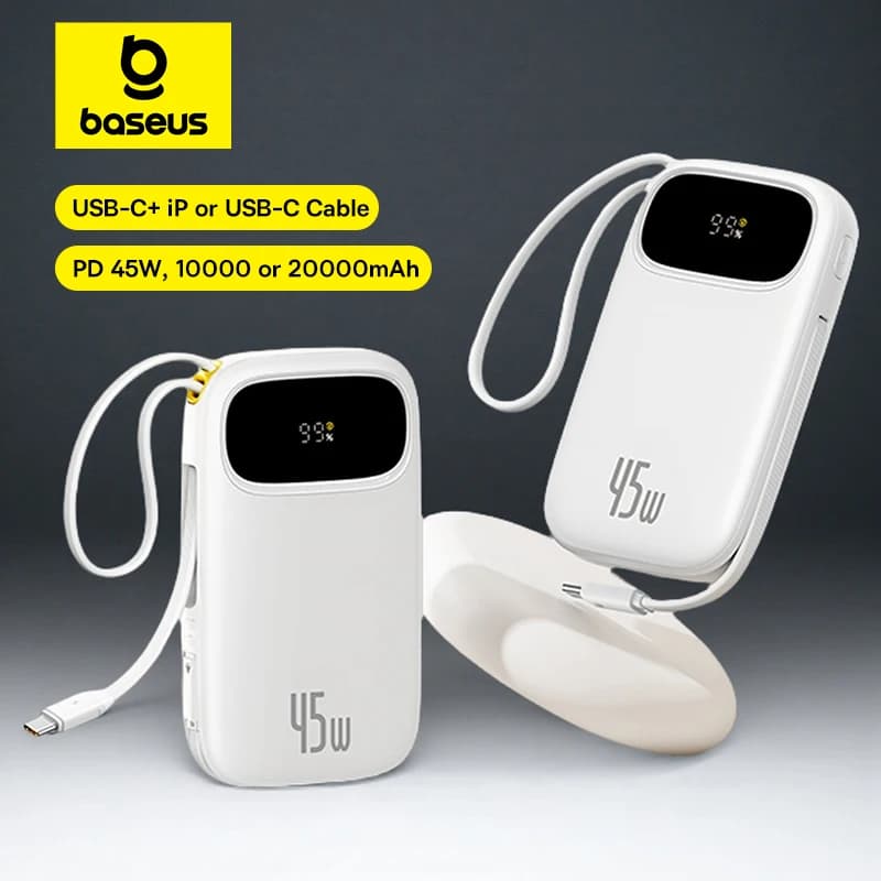 شاحن محمول Baseus بقوة 45 واط وسعة 20000 مللي أمبير مع كابل USB-C وLightning قابل للسحب مدمج لهواتف آيفون 17 و16 و15 وسامسونج S25 وشاومي بوكو