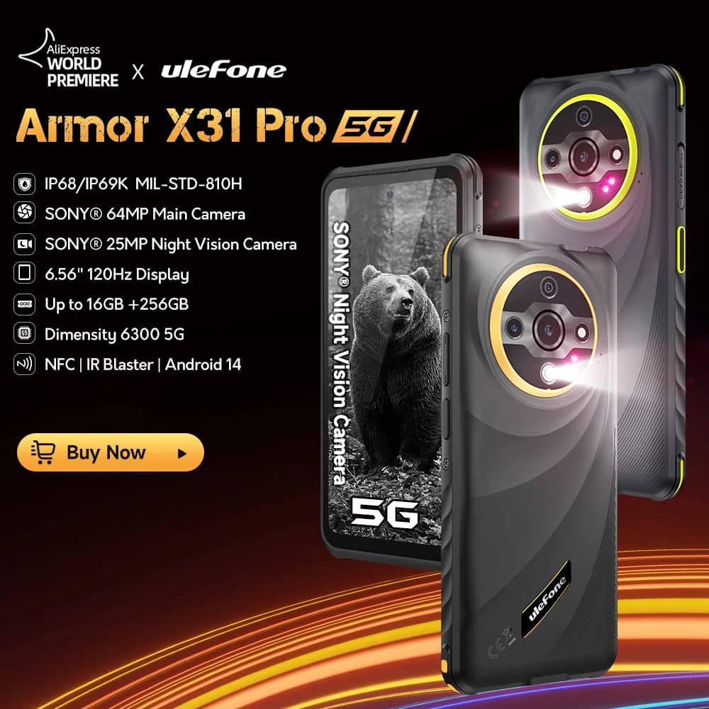 هاتف Ulefone Armor X31 Pro 5G متين بنظام Android 14 هاتف ذكي 6.56 بوصة 16 جيجابايت + 256 جيجابايت كاميرا ليلية 25 ميجابكسل 64 ميجابكسل 6050 مللي أمبير في الساعة NFC 120 هرتز IR