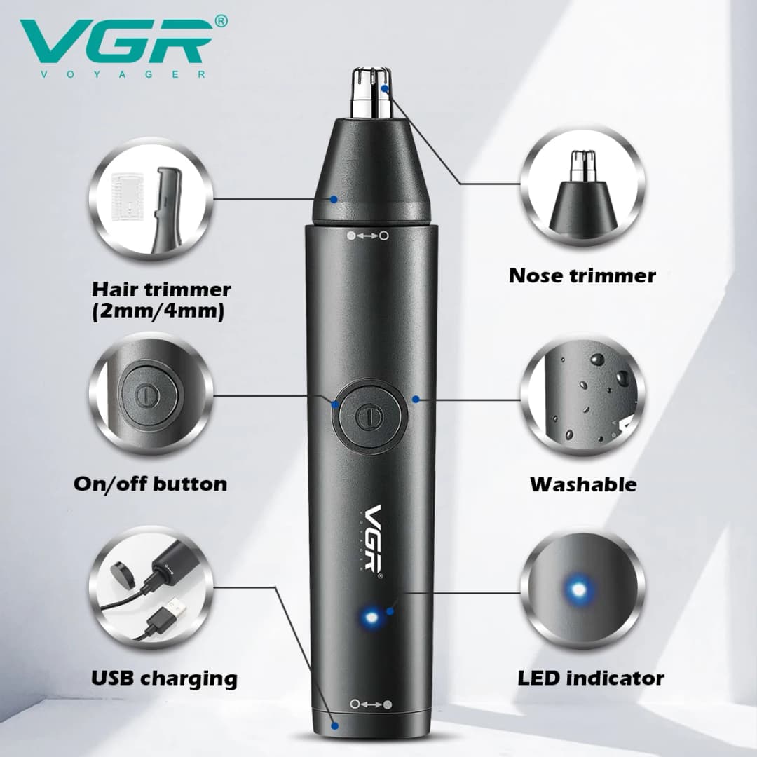 Original VGR Ear Eyebrow Nose Hair Trimmer Electric Beard Grooming For Facial & Body Stubble Trimmer For Men Rechargeable Kit - 3