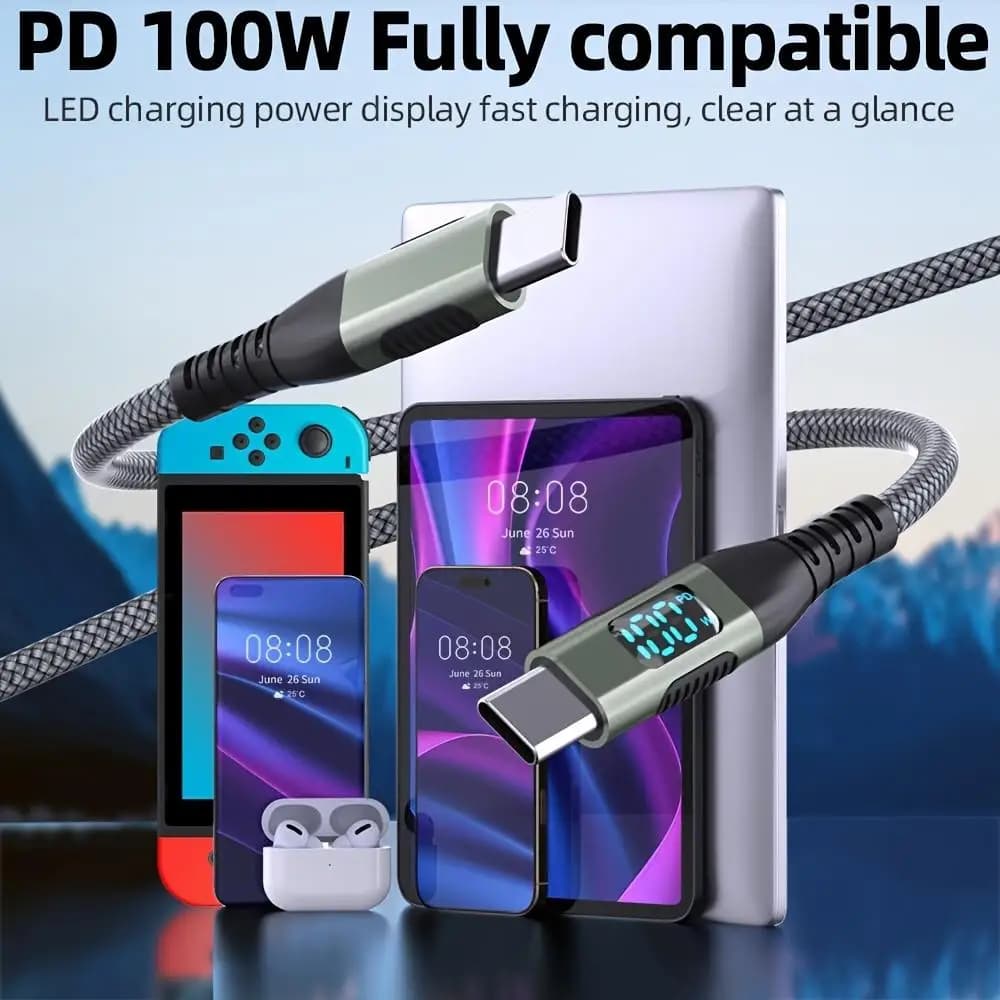 LAIHONEN 1PC/2PCS PD 100W USB-C to C Cable LED Display Nylon Braided 480Mbps, Fast Charge For IPhone15 Pro Max Galaxy iPad Pro - 6