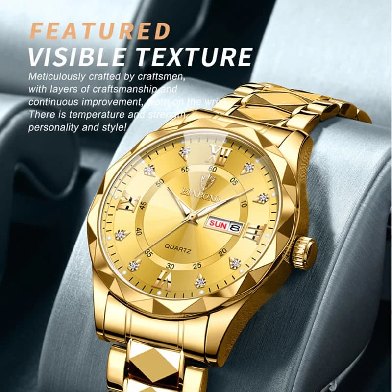 BINBOND Men Watch Stainless Steel Top Quailty Luxury Push Button Hidden Clasp Waterproof Luminous Date Week Sport Wrist Watches - 3