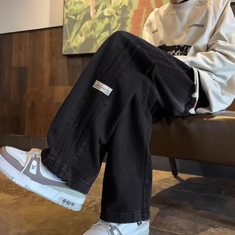 Three bar American retro jeans men's spring and autumn new style high street elastic waist loose casual men's straight leg long - 2
