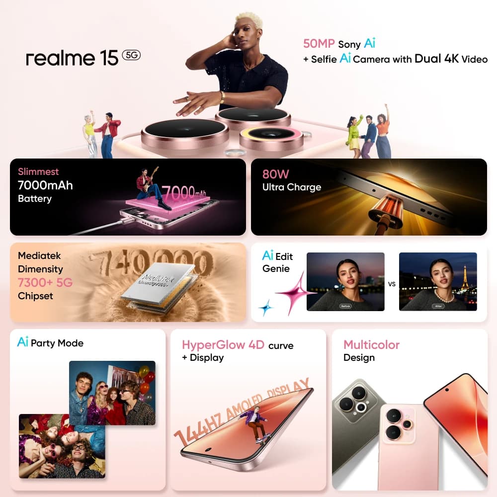 هاتف realme 15 5G ذكي عرض عالمي معالج Dimensity 7300+ 5G بطارية 7000mAh شحن 80W شاشة 6.77 بوصة 144Hz AMOLED NFC - 2