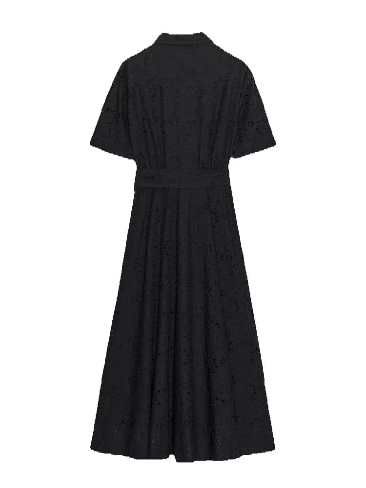 فستان ميدي بأكمام قصيرة، طية صدر السترة، تصميم أنيق، خصر ضيق، فستان طويل للحفلات والمساء - 6