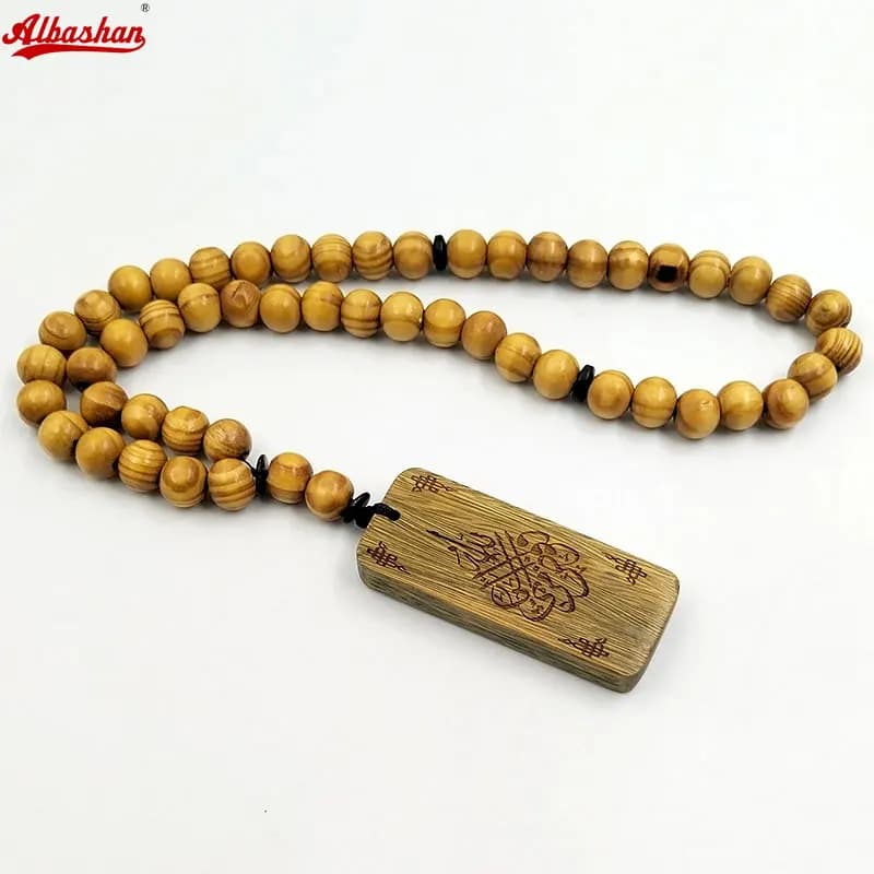 Natural beech Wood Tasbih 33 45 51 66 99 Man's Misbaha Prayer Beads With Arabic Sandalwood Tassel Pendant