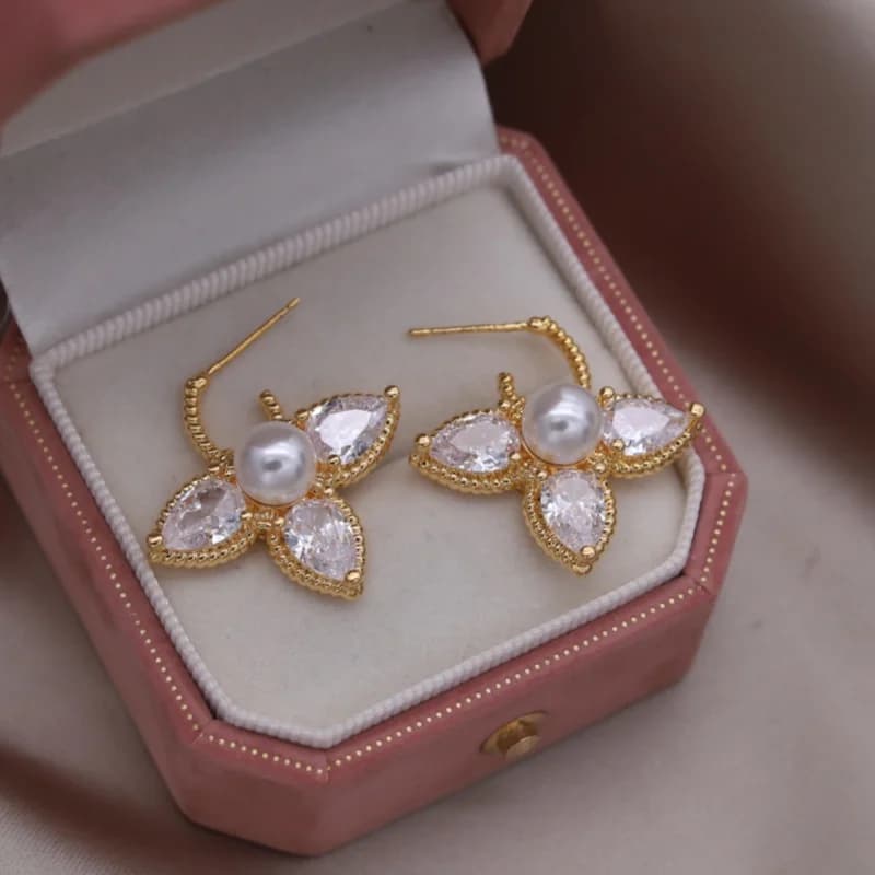 مجوهرات فرنسية تصميم جديد، أقراط لؤلؤ على شكل ورقة زيركون، مطلي بالذهب 16K، فاخرة، إكسسوارات أنيقة للحفلات النسائية - 6